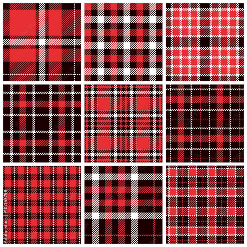 Set of plaid seamless patterns. Red, black and white colors. Vector ...