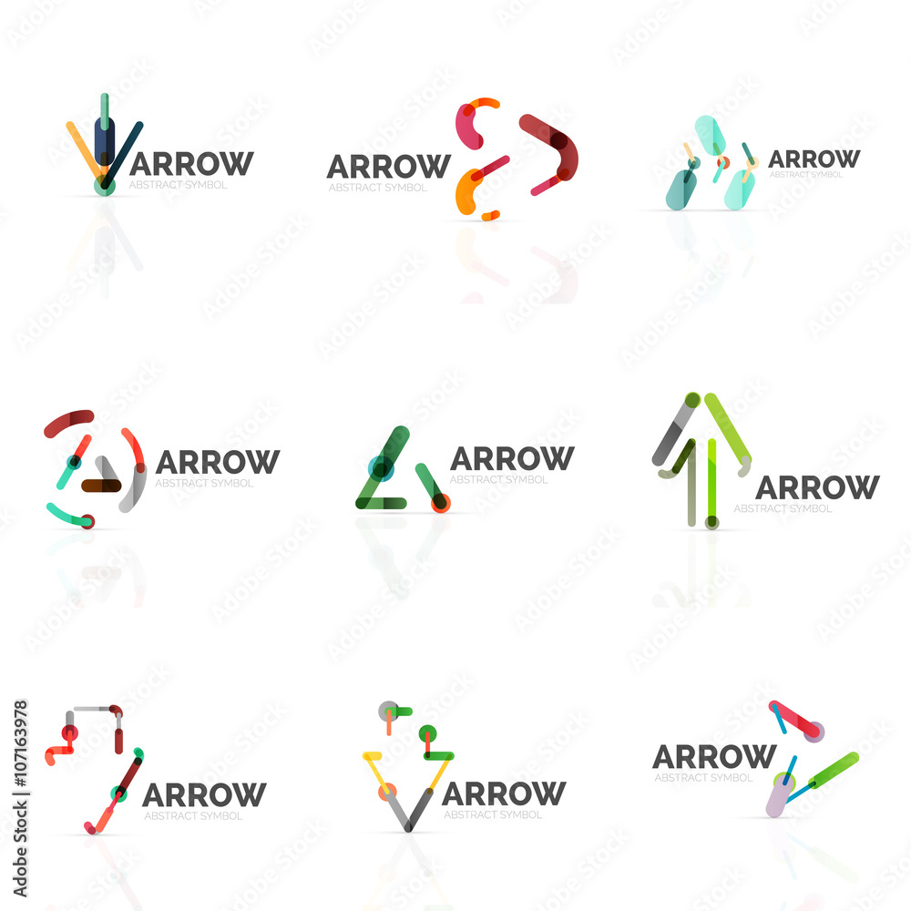 Set of linear arrow abstract logos, connected multicolored segments lines in directional pointer figures Set of linear arrow abstract logos, connected multicolored segments lines in directional pointer figures