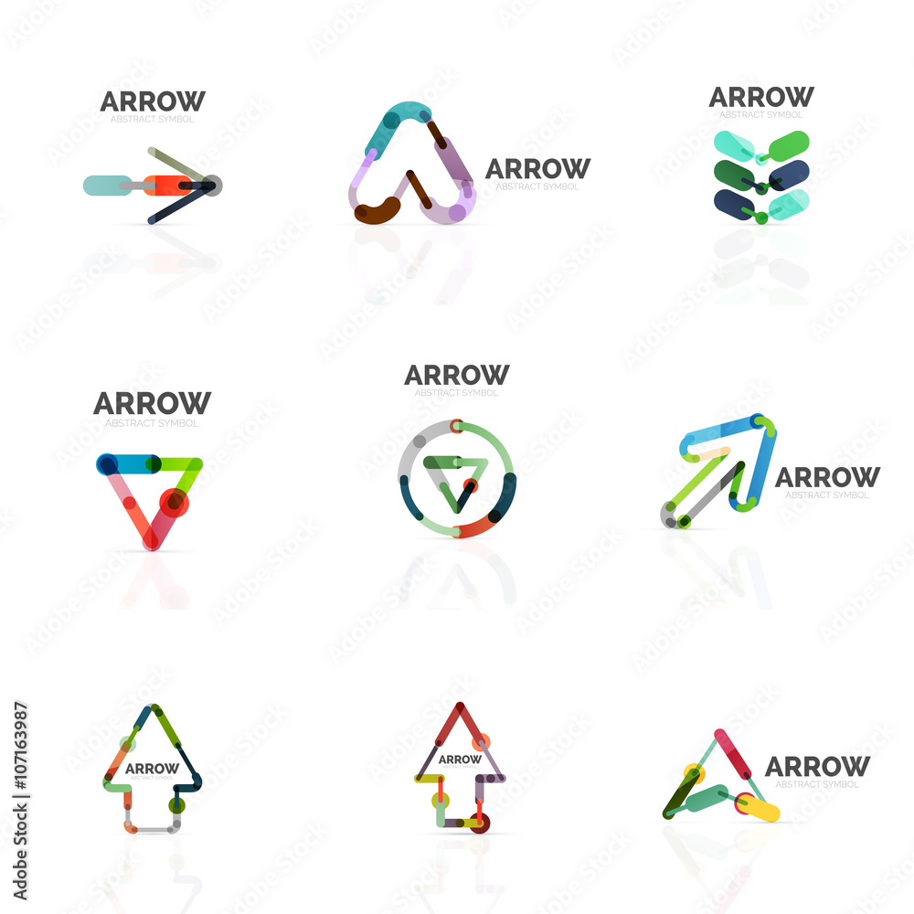 Set of linear arrow abstract logos, connected multicolored segments lines in directional pointer figures Set of linear arrow abstract logos, connected multicolored segments lines in directional pointer figures