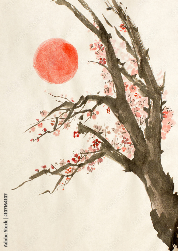 Fototapeta premium plum tree red sun