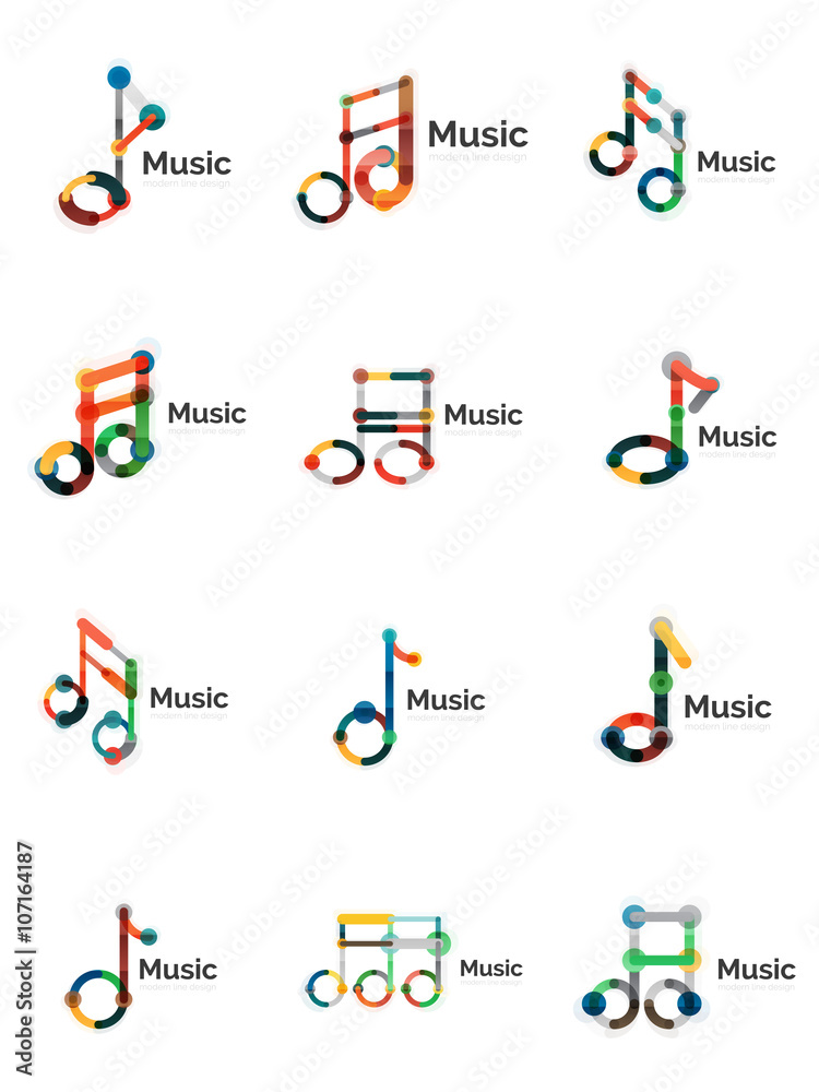 Music note logo set, flat thin line geometric icons Music note logo set, flat thin line geometric icons