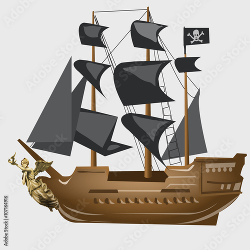 Ancient pirate ship with black sails and flag 