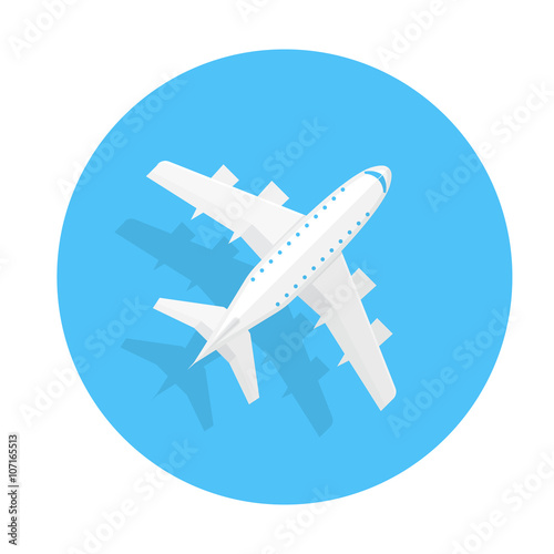 Airplane trendy icon. Plane on a blue circle. Flat style vector