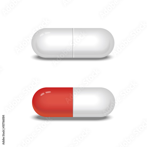 White and red pills or capsules. Vector illustration