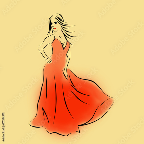 Девушка позирует в воздушном  красном летнем длинном платье. Силуэт девушки черные  линии на бежевом  фоне.
