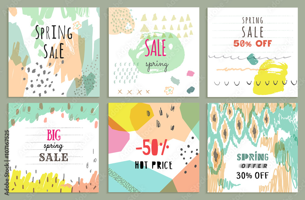 Spring sale design. Collection of six hand drawn unusual posters