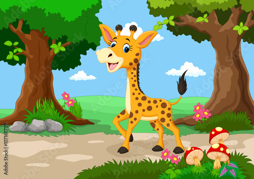 Giraffe against a background of a beautiful garden