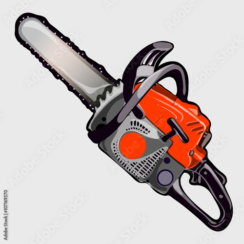 Electric chainsaw with red handle, vector closeup