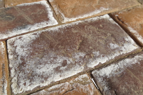 Efflorescence on the modern concrete parking tiles