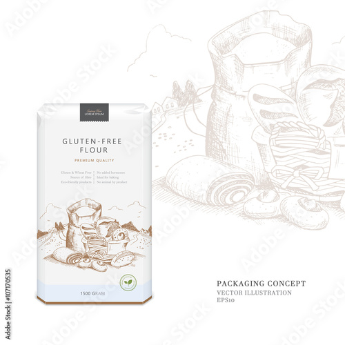Gluten Free Flour. Vector concept for packaging design for specific flour substitutes.