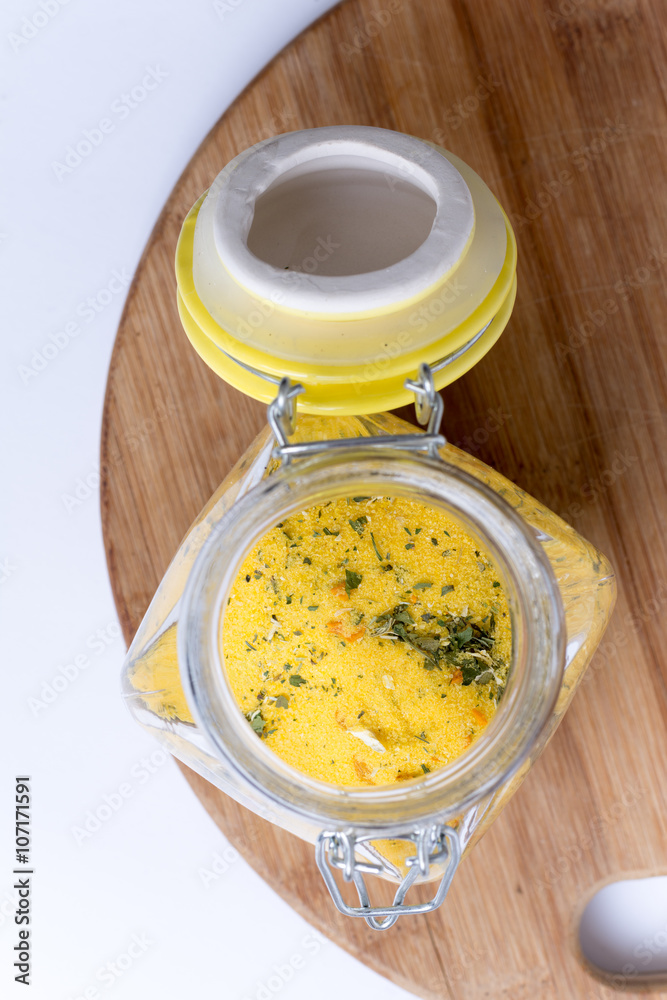 Top view of glass jar with mixed spices Top view of glass jar with mixed spices
