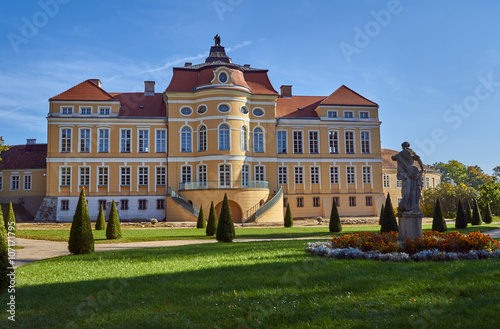 The facade of the baroque palace in Rogalin in Poland.