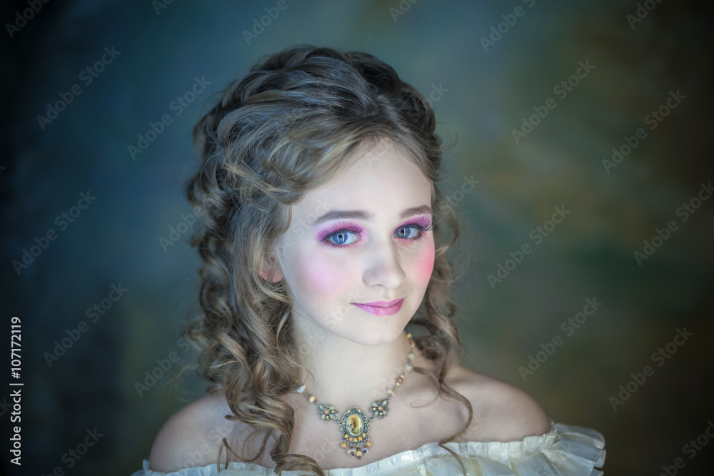 Little girl with beautiful makeup. Little girl in a vintage dress. portrait of a little princess