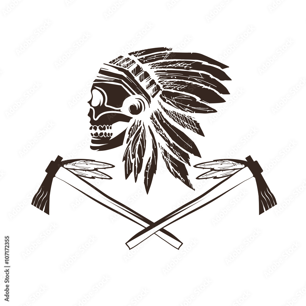 Native American chief skull in tribal headdress with tomahawks Stock ...