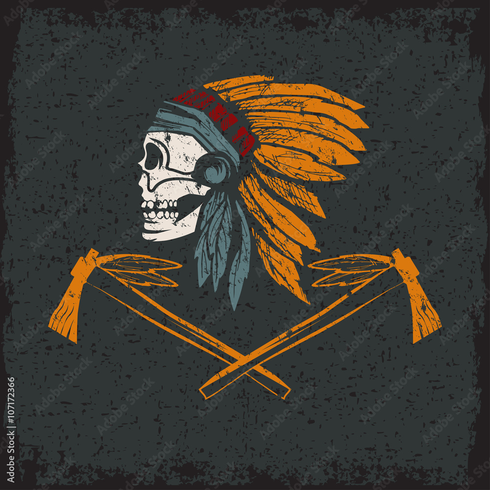 Native American chief skull in tribal headdress with tomahawks Stock ...