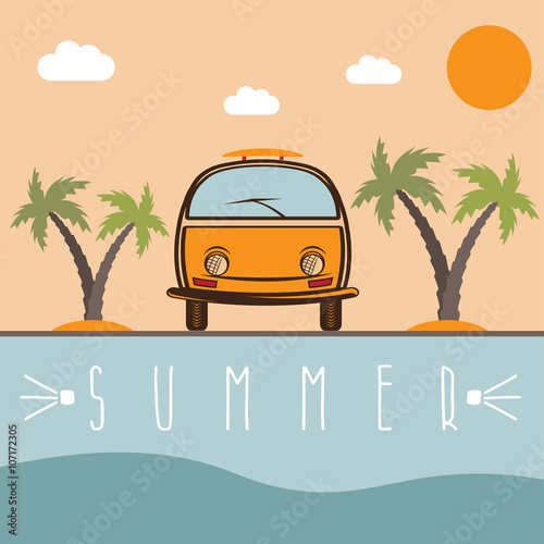 retro bus with surfboard vector design template