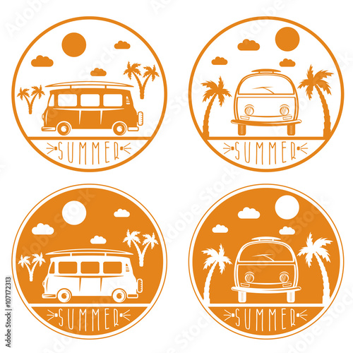 retro bus with surfboard vector labels set