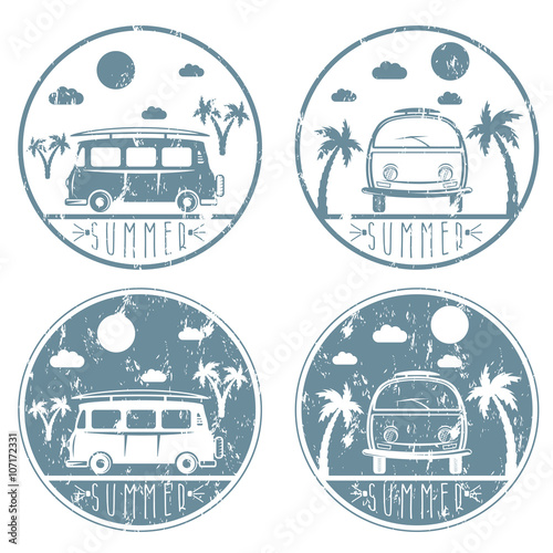 retro bus with surfboard grunge vector labels set