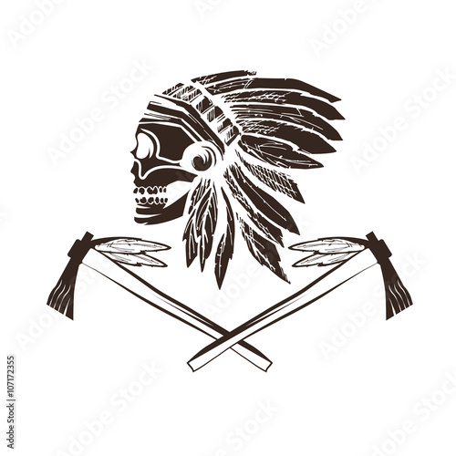 Native American chief skull in tribal headdress with tomahawks