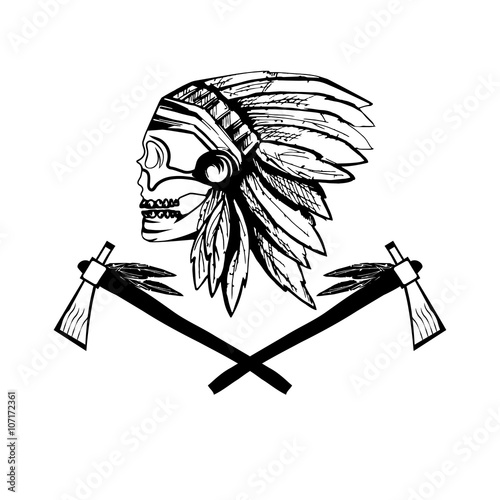 Native American chief skull in tribal headdress with tomahawks