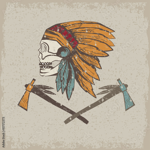 Native American chief skull in tribal headdress with tomahawks