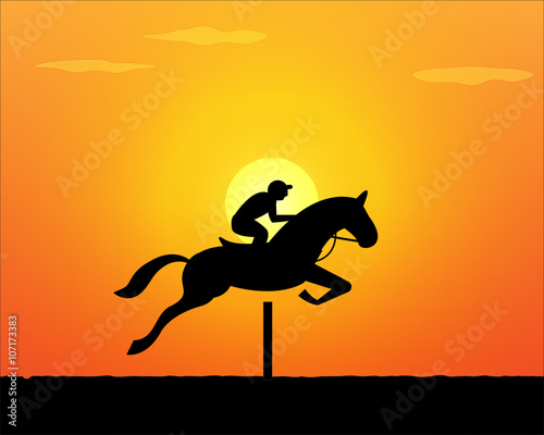 Horse Jumping in sunset time. vector