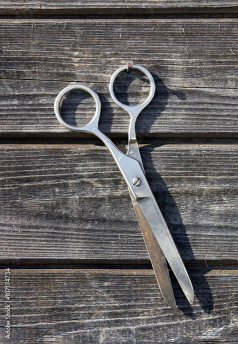 shabby metal rusty scissors hanging on wooden board wall closeup