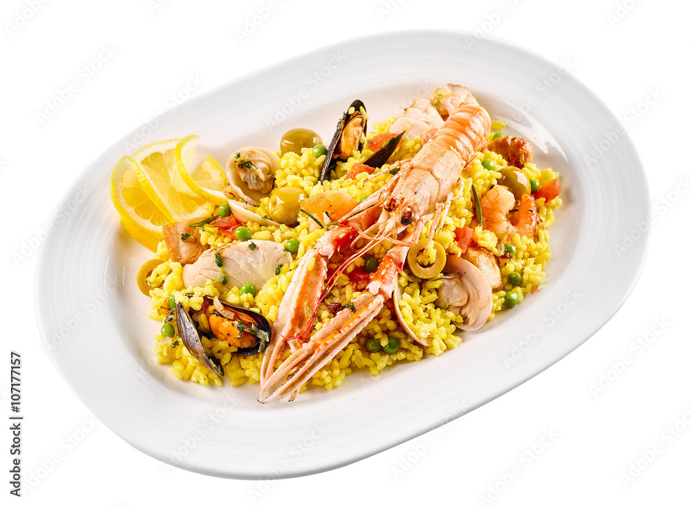 Traditional Spanish Seafood Paella in White Bowl Traditional Spanish Seafood Paella in White Bowl