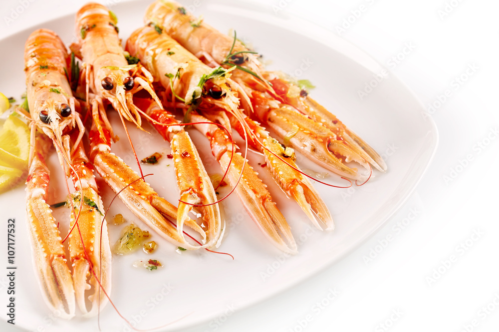 Langoustine Shellfish Served with Lemon and Herbs Langoustine Shellfish Served with Lemon and Herbs