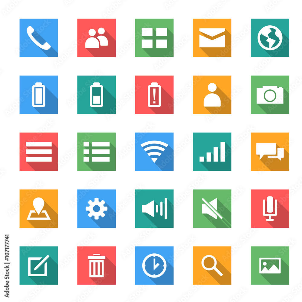 icon set for moble in flat design with long shadows