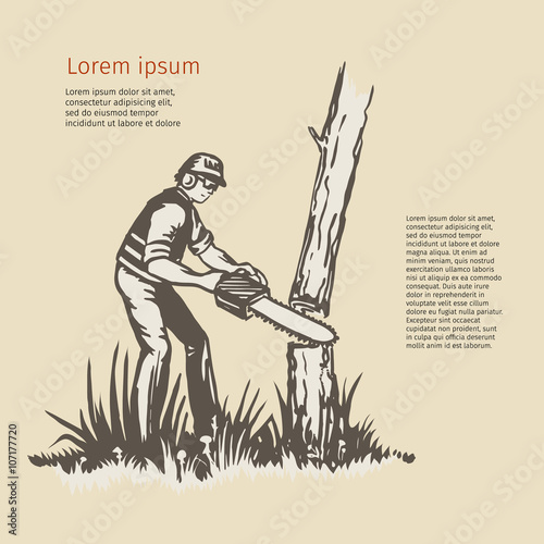 Illustration of a tree surgeon arborist trimmer pruner cutting with chainsaw done in retro style.