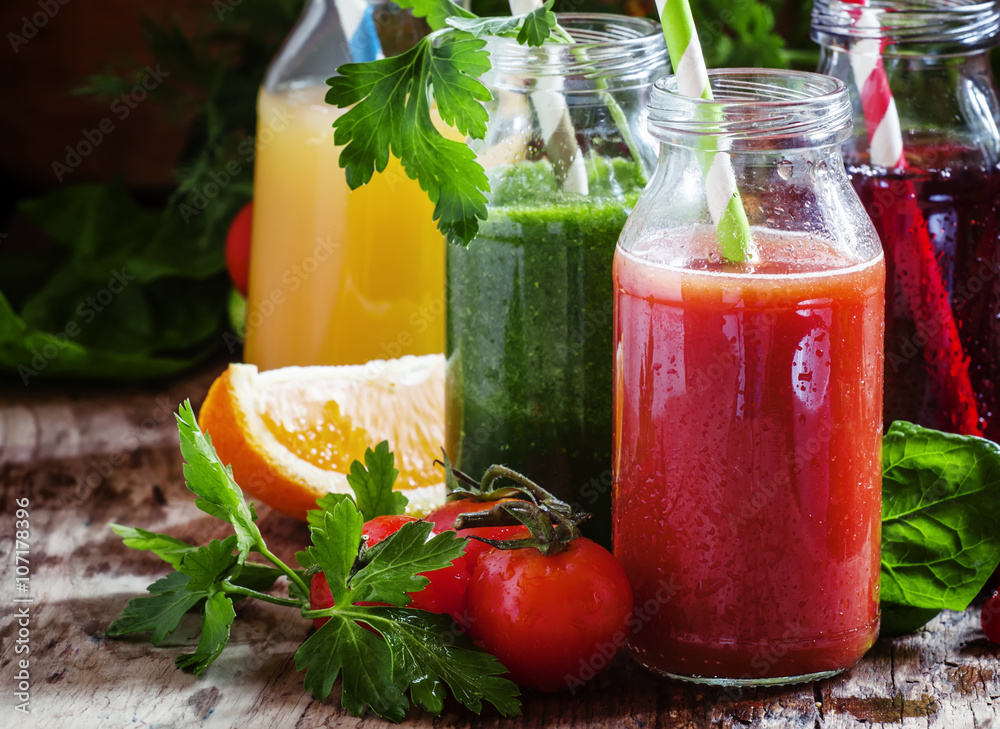 Set of fruit and vegetable juices, old wooden background, select Set of fruit and vegetable juices, old wooden background, select