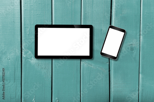 Office creative mock up hero image with smartphone and tablet