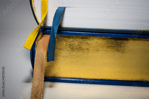 White and gold edges of books with yellow and blue ribbons