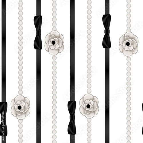 Seamless Pattern Background of pearl necklaces and black ribbon  photo