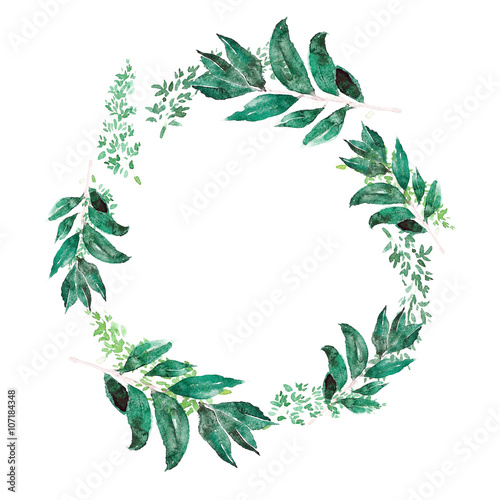 Laureate wreath in trendy watercolour style with green splashing. Laurel wreath branches for wedding card. Template wedding invitation. Bay leaf garland illustrations. Bays for cooking class banner.