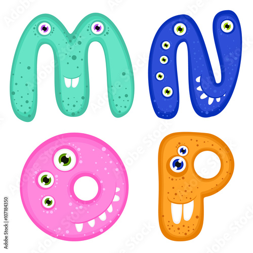 Vector set of english alphabet letters - M, N, O, P. Funny monsters with toothy smiles. Good for children stuff, stationery, cards.
