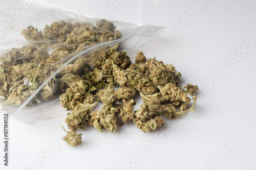 Pile of medical cannabis dried buds scattered from nylon package on white background from side