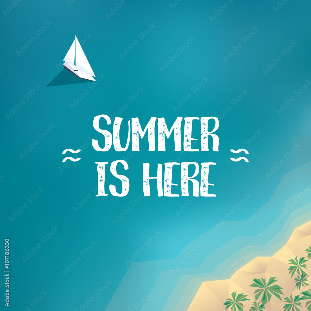 Obraz premium Summer holiday poster, banner template with yacht in the ocean and sandy beach of tropical island. Low poly vector illustration.