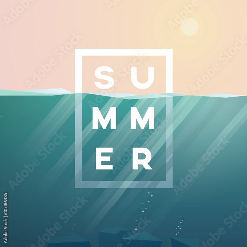 Summer background with underwater seascape scene and sunbeams in the ocean.
