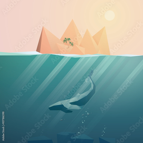 Summer background with underwater seascape scene and sunbeams in the ocean.