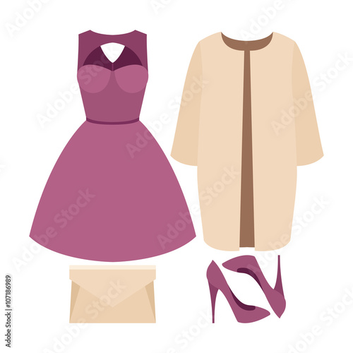 Set of trendy women's clothes with coat, dress and accessories. Vector illustration