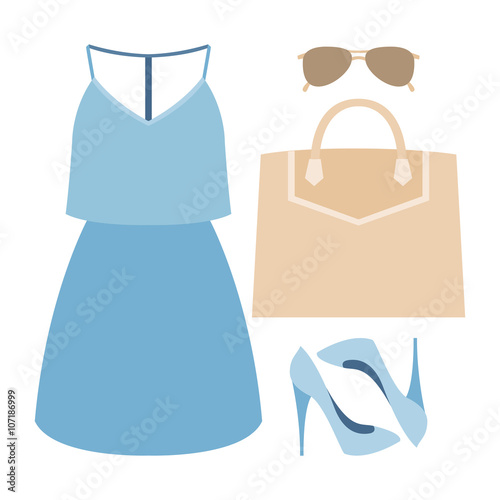 Set of trendy women's clothes with dress and accessories. Vector illustration