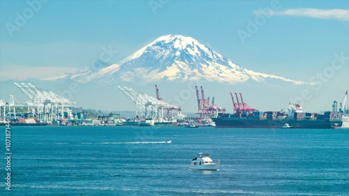 Seattle Washington Cargo Seaport with Dramatic Mount Ranier Tacoma Tahoma Mountain Backdrop