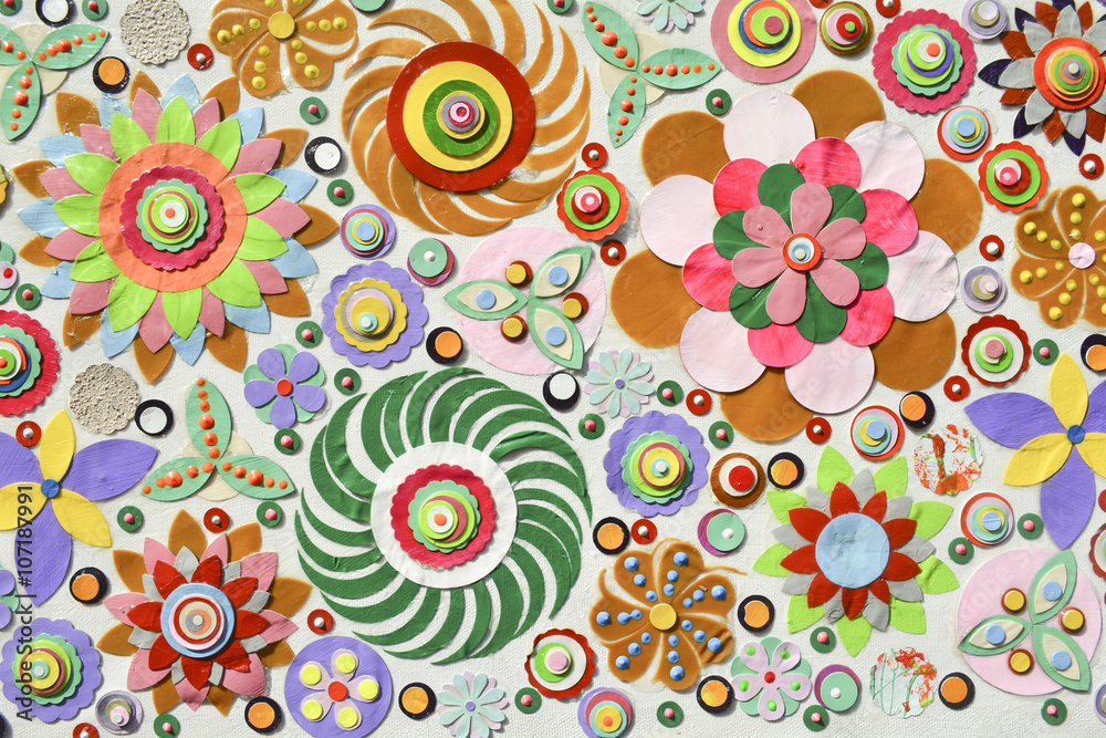 Fototapeta premium Flowers, abstract composition made of paper layers, quilling with die cut and scissors, abstract background painting.