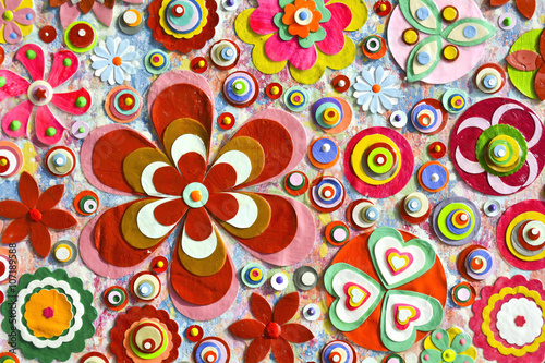 Colorful flowers paper background pattern lovely style, zentangle like decorative circular floral elements, made of paper.