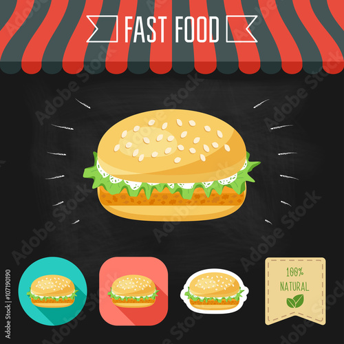 Fish burger icon on a chalkboard. Set of icons and eco label. Flat design. Vector