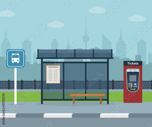 Bus stop with city background . Vector illustration. Flat design
