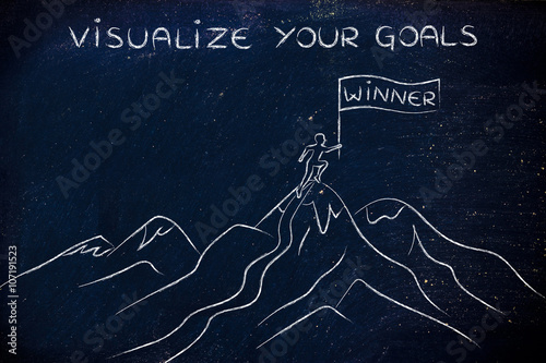 Tableau sur toile winner standing on top of a mountain, visualize your goals