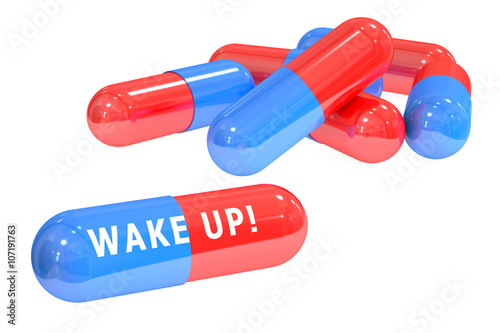 Wake up! pills concept with pills, 3D rendering